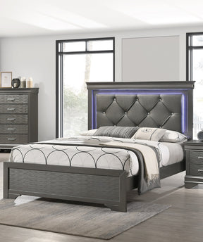 Dark Gray Faux Leather Tufted Headboard 1pc Eastern King Size Bed w LED Bedroom Furniture Gray Unique Texture FB Solid wood