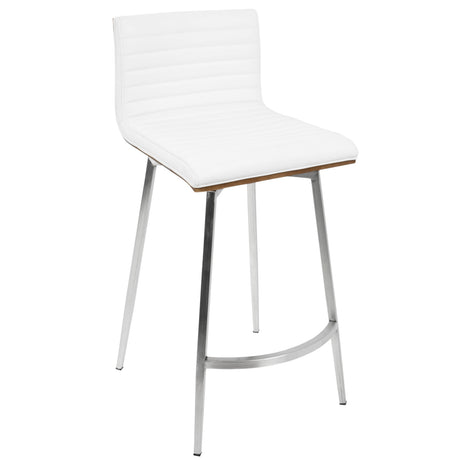 Marcel-Mason Swivel Contemporary Counter Height Dining Set in Chrome Metal with Black Wood Tabletop and Stainless Steel, Walnut Wood with White Faux Leather by LumiSource - 5 Piece - sold by Home Elegance USA