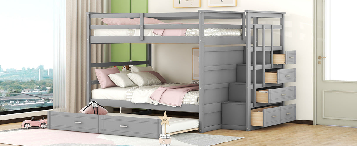 Full Over Full Bunk Bed with Twin Size Trundle and Staircase, Gray - Home Elegance USA