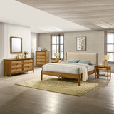Vichy 6-Piece Rubberwood Bedroom Set with Textured Polyester Upholstered Queen Bed, Dresser, Mirror, Nightstand, and Chest