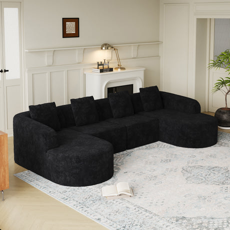 111.8-inch L-shaped curved modular sofa, modern design featuring lychee-textured long-pile polyester fabric, curved backrest with three pillows - sold by Home Elegance USA