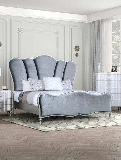 Lovely Attracting Bedroom 3pc Set Queen Size Bed 2x Nightstands Light Gray Fabric Padded HB Wood Leg Silver Color - sold by Home Elegance USA
