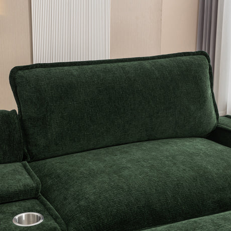 Chenille Upholstered 111' Sectional Sofa with Two Removable Ottomans, USB Ports, Cup Holders, and Storage, Green - sold by Home Elegance USA