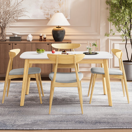 5-Piece Dining Set, 1 Table + 4 Chairs, Rubberwood Frame, Ergonomic Chairs & Faux Wood Table, Beige+Natural+White Oak - sold by Home Elegance USA