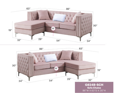 Paige G824B-SC Sofa Chaise , PINK - sold by Home Elegance USA