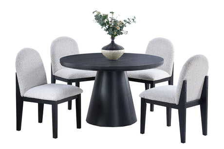 Dining Table 4x Side Chairs White Finish Fabric Black Round Table w Cone Base 5pc Dining Set Plush Seat - sold by Home Elegance USA