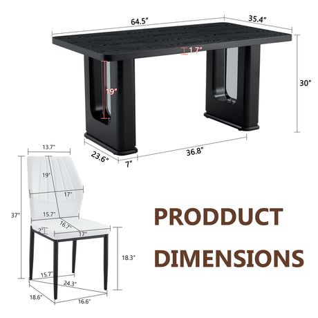 Table and chair set.64.5 x 35.4 Inch Stylish Black Wood Color Textured Dining Table.Paired with 4 Black - and - White PU Dining Chairs with Shell - pattern. Exudes A Strong Sense Of Fashion. - sold by Home Elegance USA