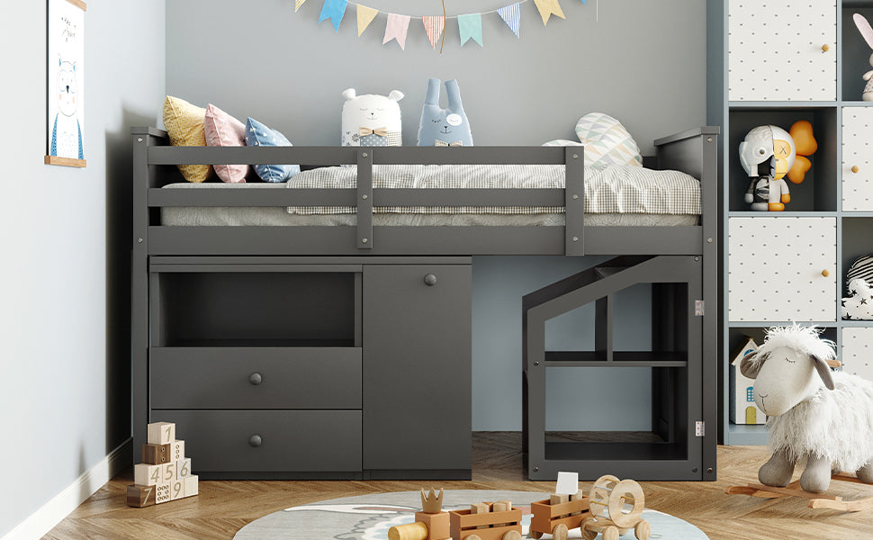 Loft Bed Low Study Twin Size Loft Bed With Storage Steps and Portable,Desk,Gray(OLD SKU: LT000101AAE) - Home Elegance USA