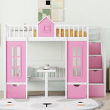 Full-Over-Full Bunk Bed with Changeable Table, Bunk Bed Turn into Upper Bed and Down Desk -Pink - Home Elegance USA