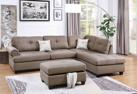 Contemporary 3-pcs Sectional Sofa Mocha Dorris Fabric Cushion Sofa Chaise Ottoman Reversible Couch Pillows - sold by Home Elegance USA