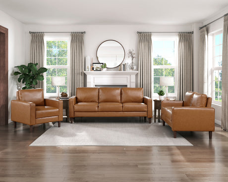 Modern Living Room Furniture 3pc Set Sofa Loveseat Chair Brown Faux Leather Upholstered Cushion Back Seat Solid Wood