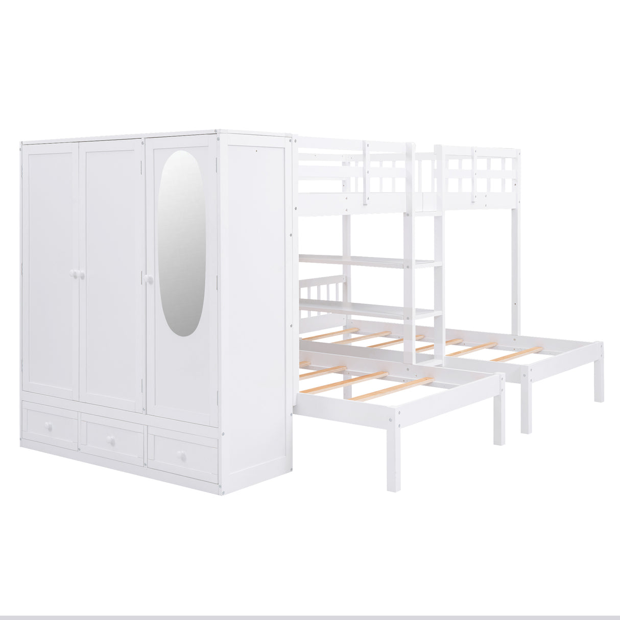 Full-Over-Twin-Twin Bunk Bed with Shelves, Wardrobe and Mirror, White - Home Elegance USA