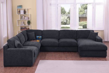 Chiara 128'W Charcoal Chenille Fabric Corner Sectional Sofa with Right-Facing Chaise, Cupholders, and Charging Ports - sold by Home Elegance USA