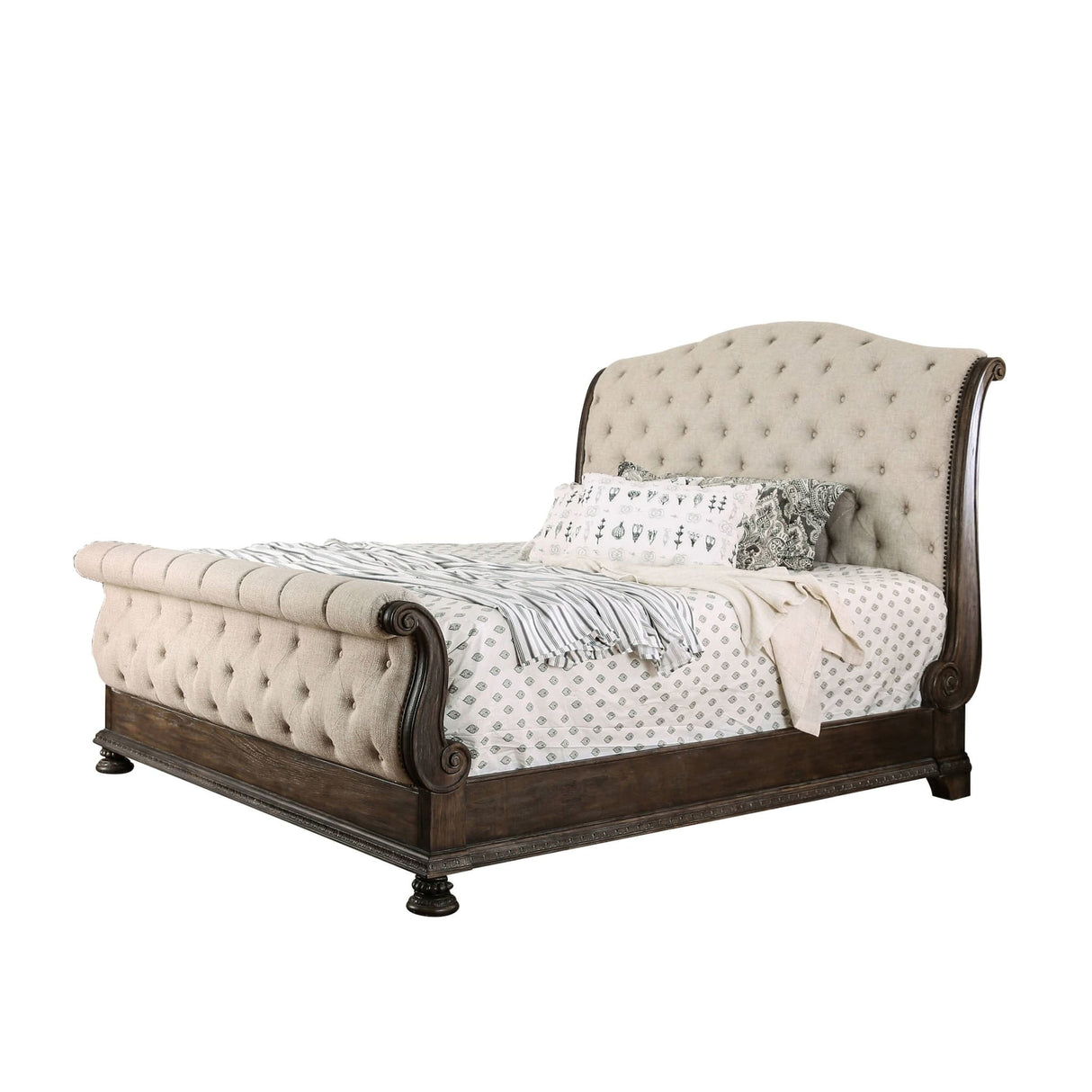 Rustic Natural Tone Queen Size Sleigh Bed with Beige Button Tufted Fabric Headboard and Footboard, Solid Wood Frame