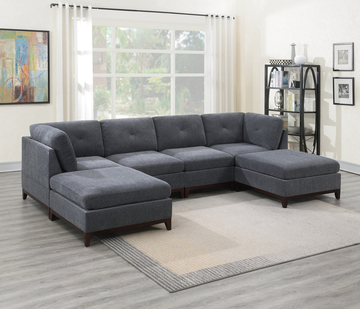 Ash Grey Chenille Fabric Modular Sectional 6pc Set Living Room Furniture U - Sectional Couch 2x Corner Wedge 2x Armless Chairs and 2x Ottomans Tufted Back Exposed Wooden Base | Home Elegance USA