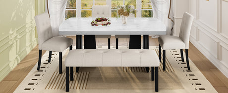 6 Piece Modern Dining Table Set, 63' Faux Marble Dining Table with Geometric Legs & 4 Upholstered Chairs & 1 Bench, Suitable for Dining Kitchen Room,Easy to Assemble, Beige + White - sold by Home Elegance USA