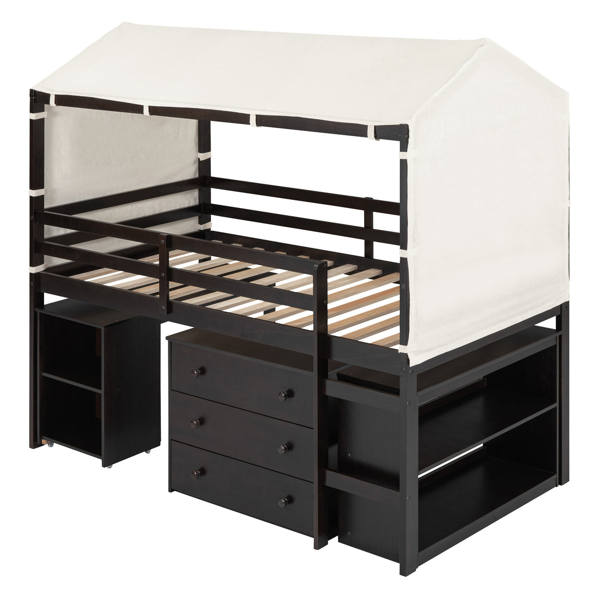 Twin Size Loft Bed with Rolling Cabinet, Shelf and Tent - Espresso - Home Elegance USA