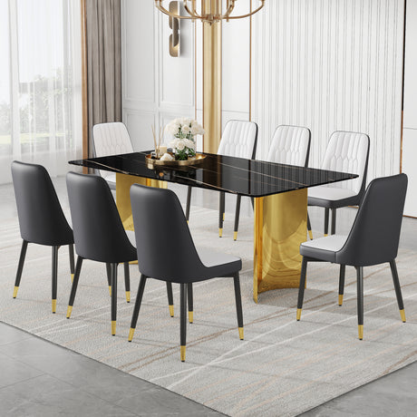 Table and chair set.The table has a glass top with imitation marble pattern stickers and stainless steel golden legs. Paried with 8 White and Dark Gray Spliced Color PU Dining Chairs.W1151S01559 - sold by Home Elegance USA