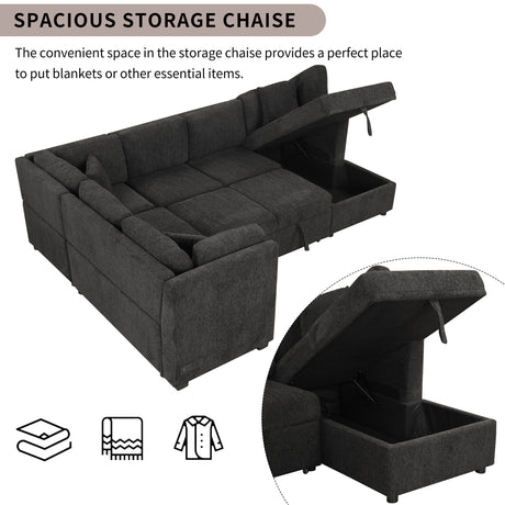 U-shaped Sectional Sofa Pull Out Bed with USB Ports, Power Sockets, Back Pillows & Storage Chaise, Black Chenille, 108.6' - sold by Home Elegance USA