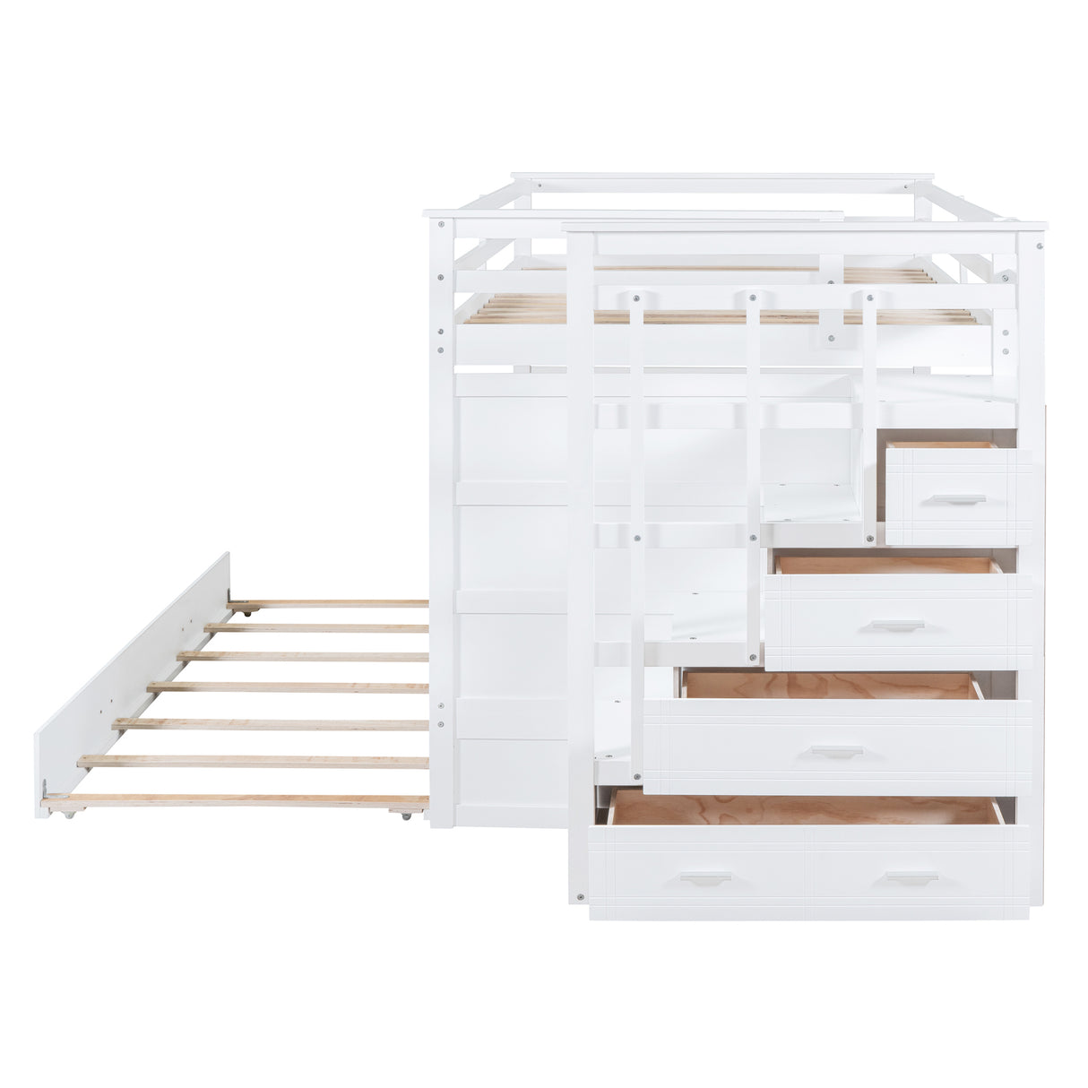 Full Over Full Bunk Bed with Twin Size Trundle and Staircase, White - Home Elegance USA