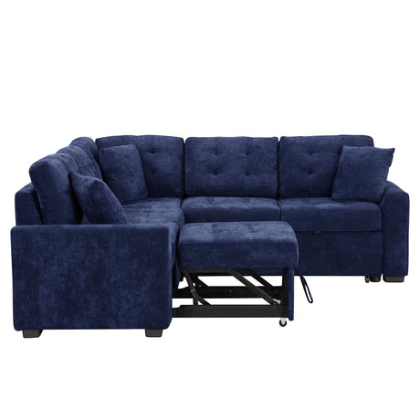 Navy Blue L-shape Sofa Bed with Pull-out Sleeper, USB Ports, Power Sockets, Corded Velveteen, 82.6' - sold by Home Elegance USA