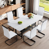 Table and chair set.71*35.4 inch White Grain Spliced Dining Table With Storage Function In The Middle Of The Table Legs.Paired with 6 White PU Chairs With C-tube Black Metal Chair Legs.