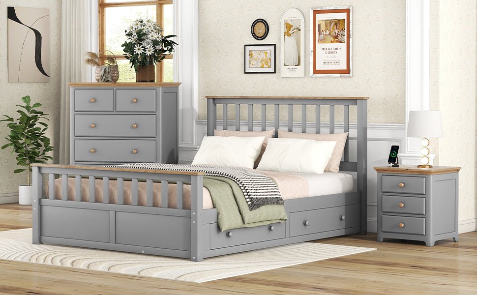 3 - Pieces Bedroom Sets Queen Size Platform Bed with Nightstand(USB Charging Ports) and Storage Chest,Gray+Natrual - HL000119AAE - image - 6