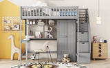 Full size Loft Bed with Bookshelf,Drawers,Desk,and Wardrobe-Gray - Home Elegance USA