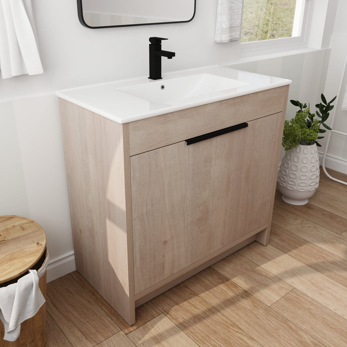 36 Inch Freestanding Bathroom Vanity with White Ceramic Sink & 2 Soft - Close Cabinet Doors (BVB02436PLO - F - BL9090B),W1286S00063 - W999S00065 - image - 5