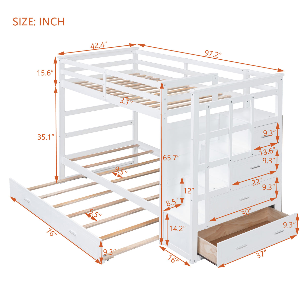 Twin Over Twin Bunk Bed with Trundle and Staircase,White(OLD SKU:LT000068AAK) - Home Elegance USA