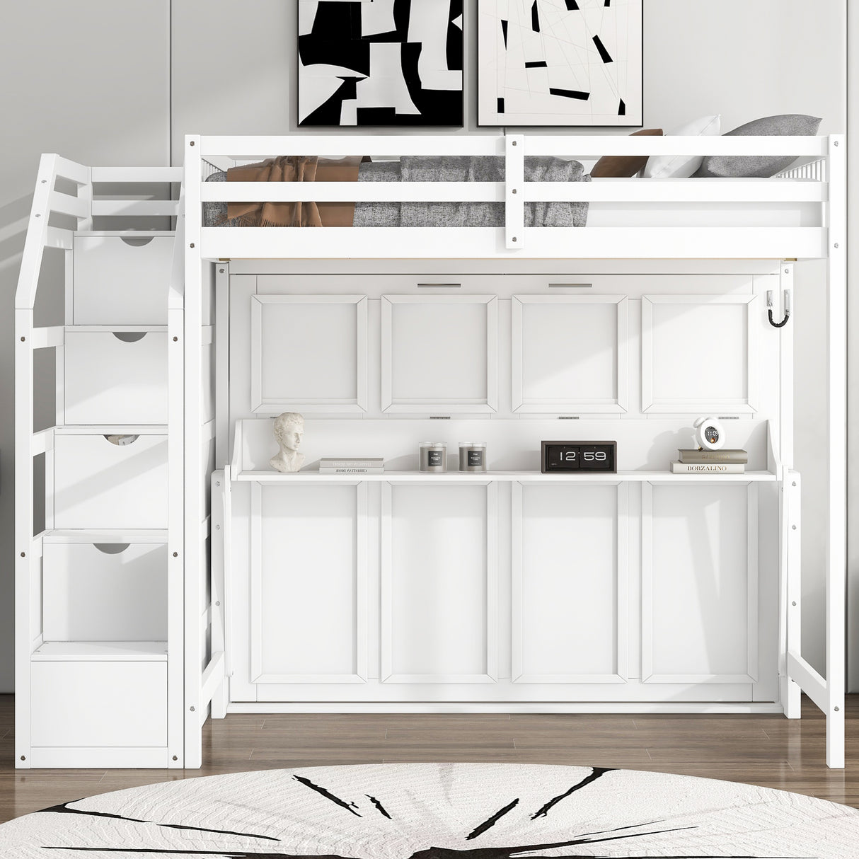 White Full XL Loft Bed with Storage Staircase, Murphy Bed, LED Light, Solid Pine and MDF, 101.2''L x 59.1''W x 73''H - sold by Home Elegance USA
