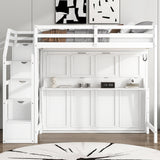White Full XL Loft Bed with Storage Staircase, Murphy Bed, LED Light, Solid Pine and MDF, 101.2''L x 59.1''W x 73''H - sold by Home Elegance USA
