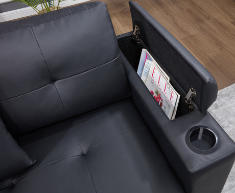 Duilio 84.5'W Black PVC Fabric Sleeper Sectional with USB Charger, Cupholders, Storage Arms - sold by Home Elegance USA