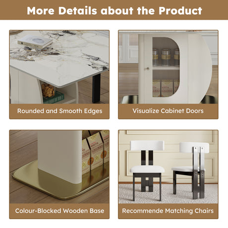 63' Modern 4-6 Person Dining Table with Storage Cabinets, Charred Stone Top & Golden Solid Wood Base, Includes 4 White Velvet Chairs for Kitchen and Apartment - sold by Home Elegance USA