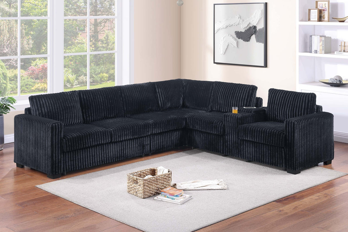 Modern Style L-Shape 4pc Sectional Set Reversible Loveseat USB Ports Cup Holder Armless Chair Plastic Legs Corduroy Upholstered Black Finish Primary Living Room