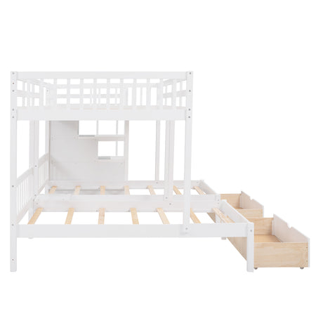 Full Over Twin & Twin Bunk Bed, Wood Triple Bunk Bed with Drawers and Guardrails (White) - sold by Home Elegance USA