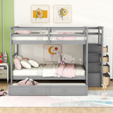 Full Over Full Bunk Bed with Twin Size Trundle and Staircase, Gray - Home Elegance USA