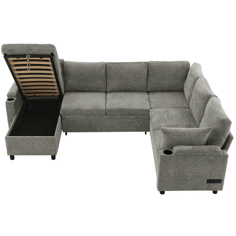 Versatile Light Grey Chenille Sectional Sofa Bed with Storage, Cup Holders & Charging Ports, 109.9' - sold by Home Elegance USA