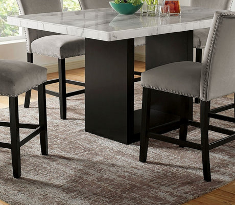 Genuine Marble Top Table w 6x High Chairs Light Gray Flannelette Upholstered Chair Counter Height Dining Room 7pc Set Furniture - sold by Home Elegance USA