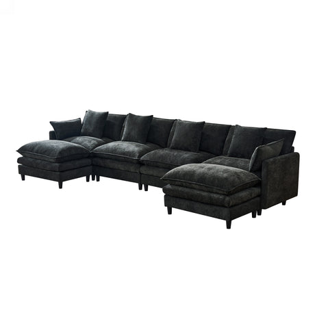 140.9-inch U-shaped modular sectional sofa, suitable for living room or bedroom. It comes with 2 movable ottomans, 4 cushions and 2 throw pillows. Made of soft cashmere fabric, in black - sold by Home Elegance USA