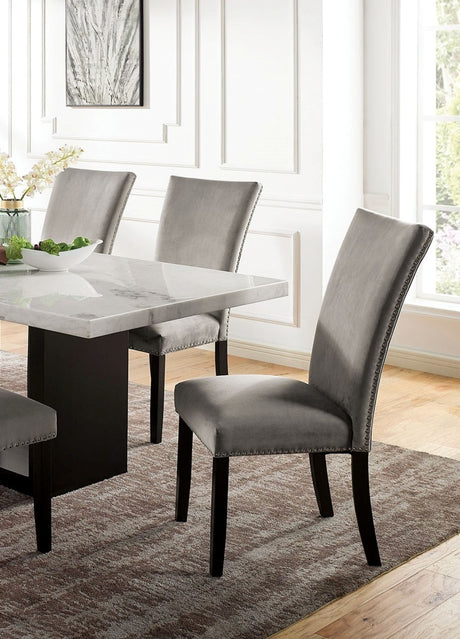 Gorgeous Marble Top Table w 6x Side Chairs Light Gray Flannelette Upholstered Chair Dining Room 7pc Set Wooden Furniture - sold by Home Elegance USA
