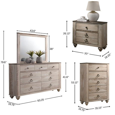 Imerland Contemporary White Wash Finish Bedroom 6-piece Set, Queen Bed, Dresser, Mirror, 2 Nightstands, Chest - sold by Home Elegance USA