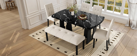 6 Piece Modern Dining Table Set, 63' Faux Marble Dining Table with Geometric Legs & 4 Upholstered Chairs & 1 Bench, Suitable for Dining Kitchen Room,Easy to Assemble, Beige+Black - sold by Home Elegance USA