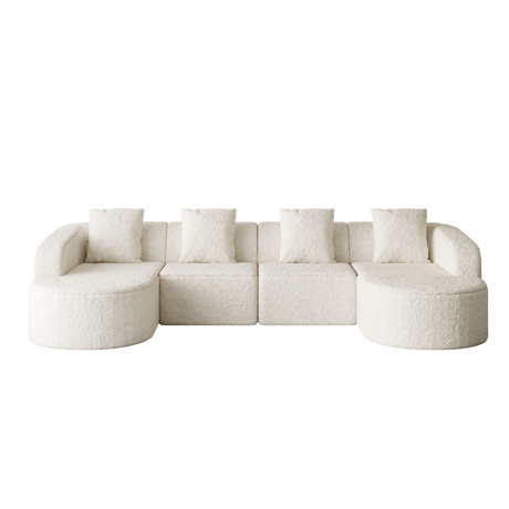 111.8-inch L-shaped curved modular sofa, modern design featuring lychee-textured long-pile polyester fabric, curved backrest with three pillows - sold by Home Elegance USA