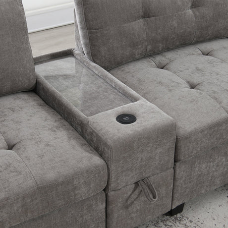 Modern Chenille U-Shaped Sectional Sofa with Acrylic Table Top, USB Charger, Storage Drawers, and Movable Ottoman in Gray - sold by Home Elegance USA