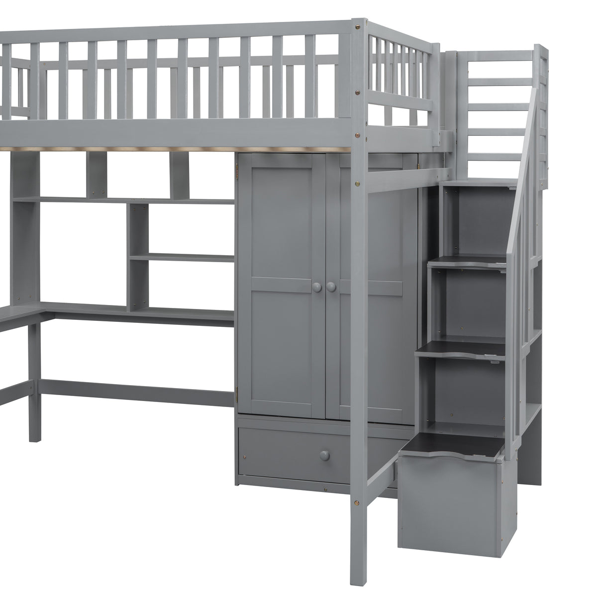 Full size Loft Bed with Bookshelf,Drawers,Desk,and Wardrobe-Gray - Home Elegance USA