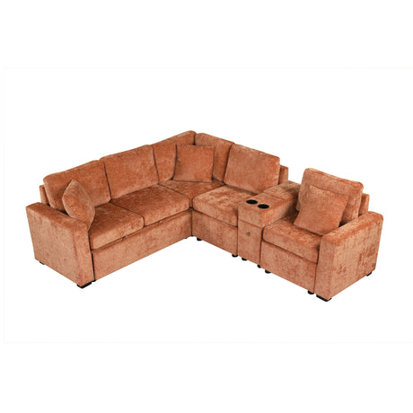 120.5' L-shaped Convertible Sofa Bed Modular Sectional Sofa Reversible Sleeper with Pull-Out Bed, Cup Holders, and Ample Storage Space for Living Room(Old SKU:N719S001940G), Orange - sold by Home Elegance USA