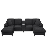 Modern U-shaped Sectional Sofa with Storage Ottomans, Corduroy Upholstered, Black, 116.9' L