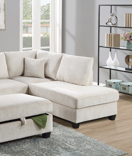 Ivory Color 3pc Sectional Set Corduroy Upholstered LAF Sofa RAF Chaise Ottoman L-Sectional Living Room Furniture - sold by Home Elegance USA