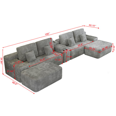 150''Width 5-piece Sectional Sofa with 2 Ottomans,Comfy U-shaped Sofa Couch for Living Room,Light Grey Plush Corduroy Fabric - sold by Home Elegance USA